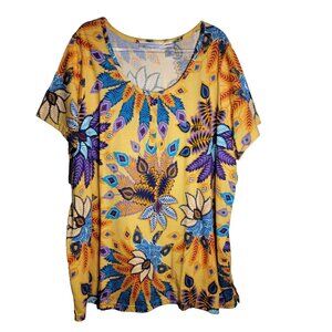 Roaman's Yellow Top Plus Size 2X Floral Short Sleeve Pullover Cotton Blend